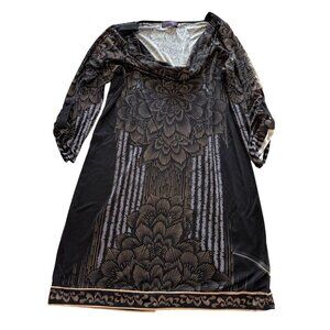 Hale Bob Women's Shift Dress Sz M Silk Floral Black Cowl Drape Neck Epaulette